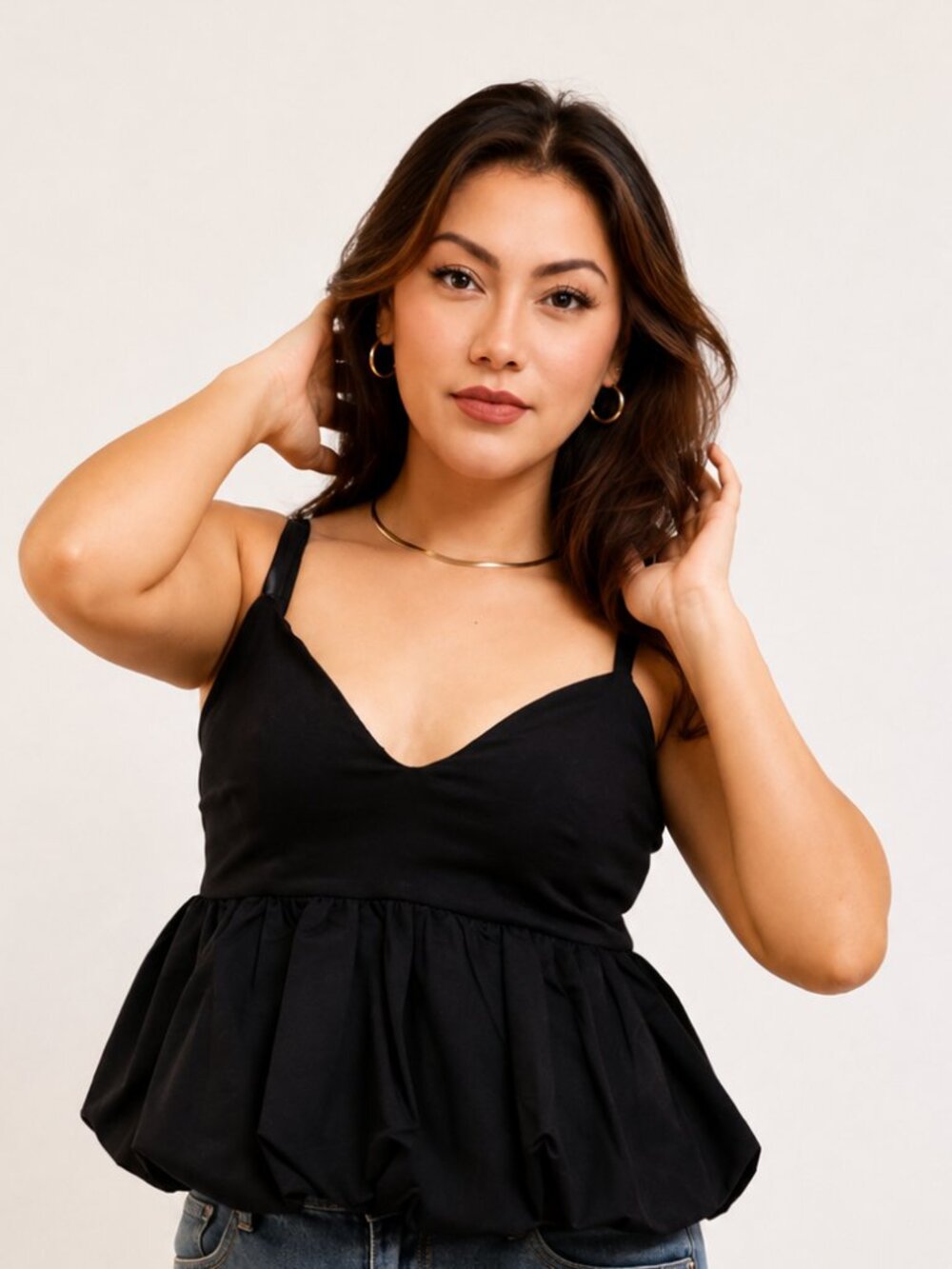 Women’s Bubble Hem Cami Top, V-Neck Spaghetti Strap Black Top